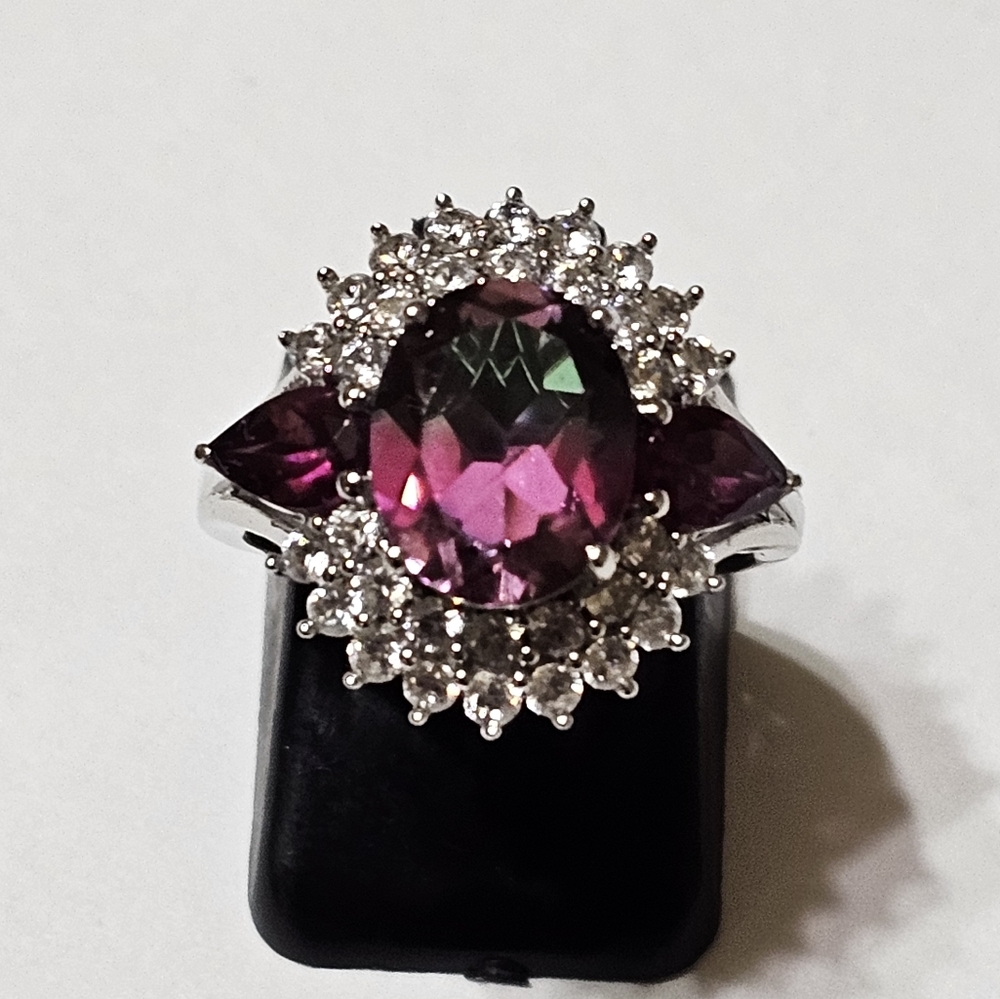Genuine Watermelon Quartz & Multi Gemstone Ring Platinum over 925 Sz 6! - Picture 12 of 13